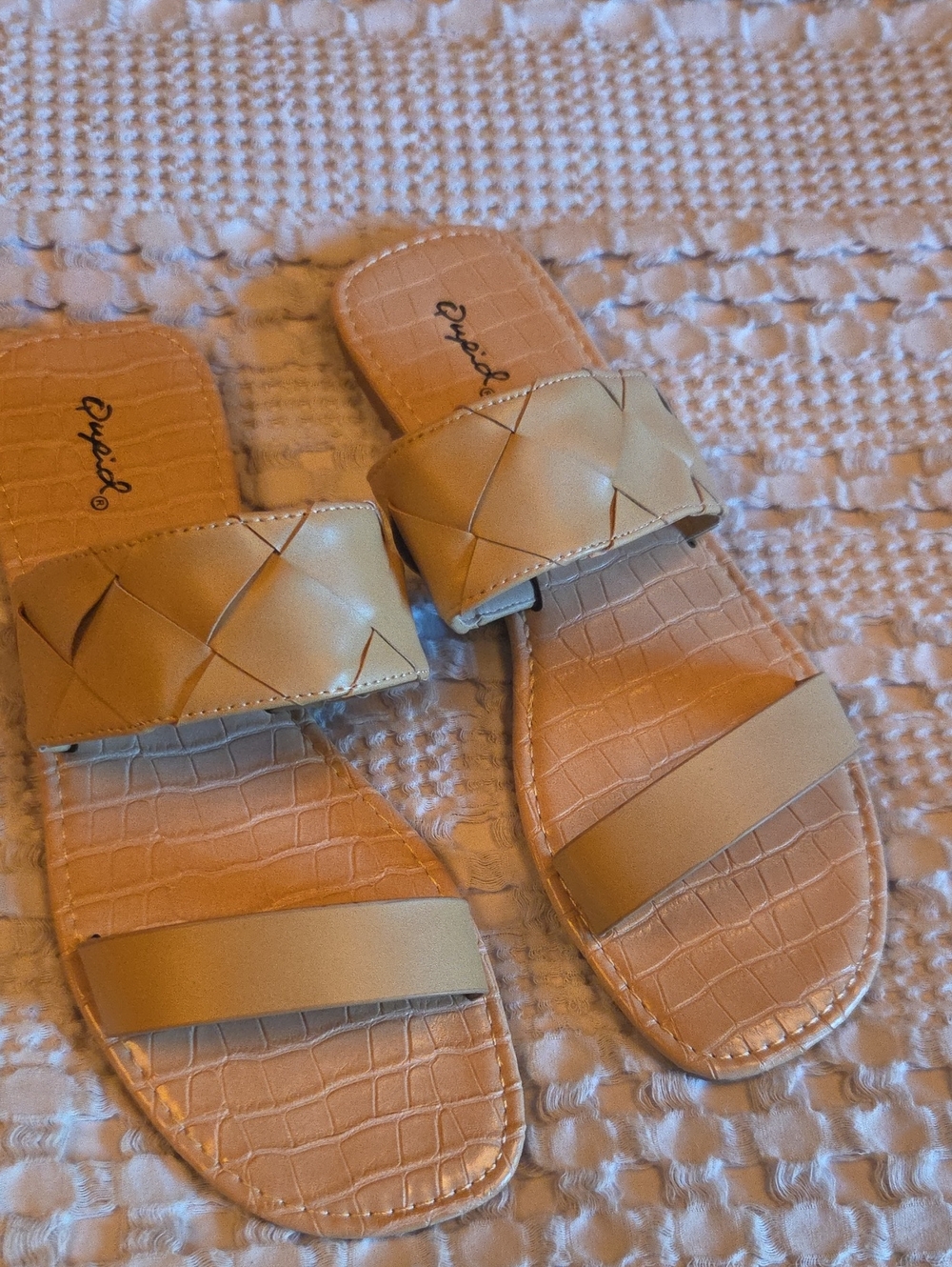 Beige Woven Two-Strap Slide Sandals - Women Size 10